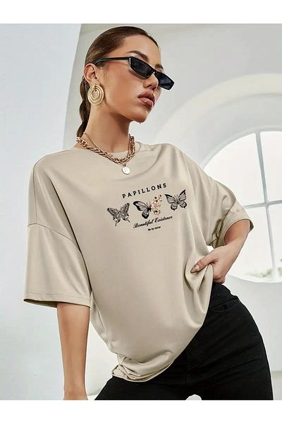 LAND MODA Κομψό μπλουζάκι με γραφικό χαμηλό ώμο με πεταλούδα - μπεζ, μακρυμάνικο,