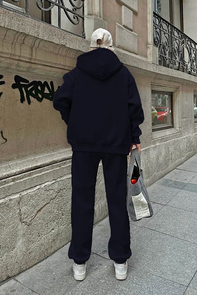 ruNadeS Navy Blue 3 Thread Raised Fleece Inside Door Zippered Tracksuit Set