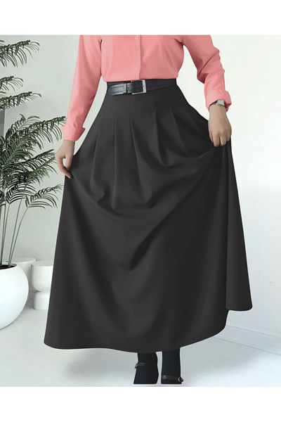 Modamorfo Pleated Pocket Flared Skirt -Black