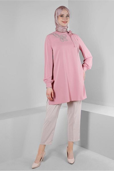 Alvina Stone Printed Tunic with Tie Collar Detail 43534