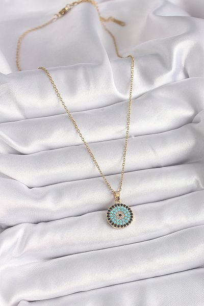 Store 316L Steel Gold Color Chain Zircon Stone Evil Eye Bead Medallion Model Women's Necklace
