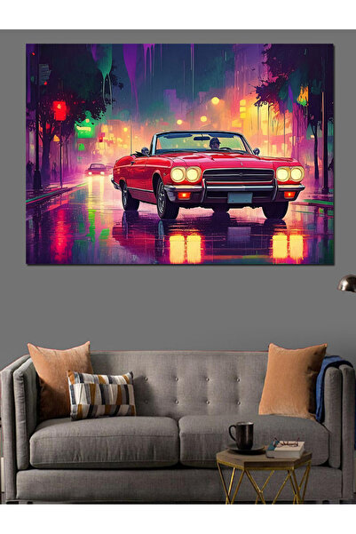 karizmart Neon Işıklı Retro Araba Dekoratif Kanvas - Mdf Ahşap Tablo