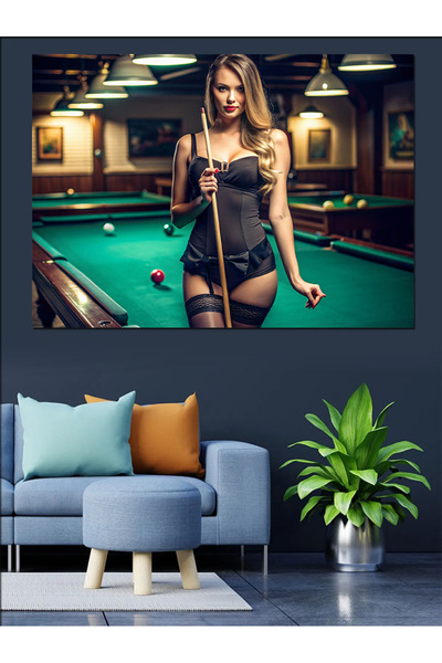 KanvasSepeti Woman Playing Billiards Decorative Oil Painting Textured High Quality Canvas Canvas Painting 60 X 40 cm