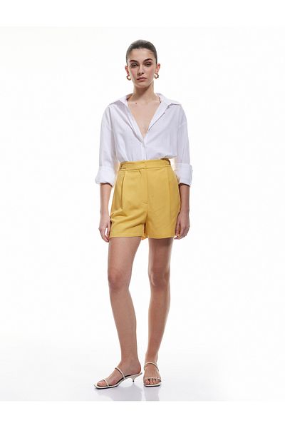Koton Pocketed Viscose Linen Blend Mini High Waist Shorts with Metal Accessories