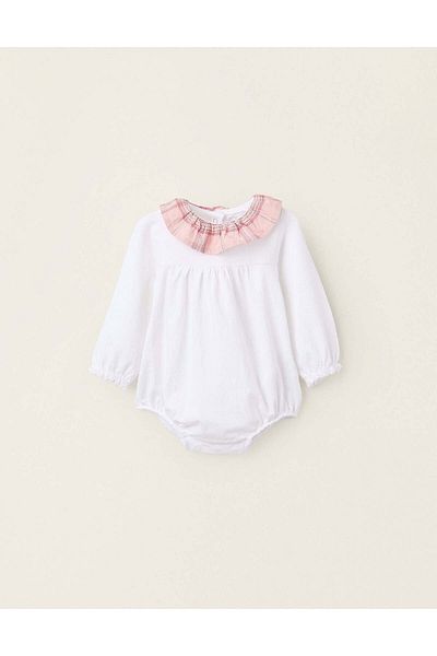 Ziddy Cotton Bodysuit with Checkered Collar for Newborn Girls, White/Pink
