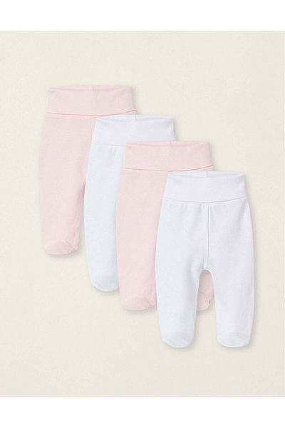 Ziddy Pack of 4 Footed Trousers for Baby Girls 'Extra Comfy', White/Pink