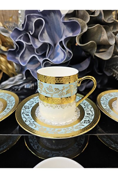TURAB 6 Kişilik 24K Gold Turkuaz Kahve Fincanı Takımı
