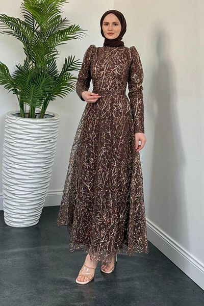 MERVEN AKYÜZ Βραδινό φόρεμα καφέ Mısra Glitter