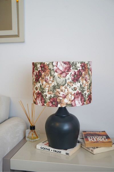 retro home design Anthracite Color Footed Flower Printed Cylinder Lampshade Table Lamp Living Room Bedroom