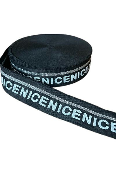ŞENEL DAR DOKUMA 4cm Black-White Nice Printed Glitter Jacquard Webbing Rubber- Flat Rubber- Elastic Band / 10m