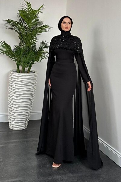 MERVEN AKYÜZ Alida Üstü Boncuk Pelerinli  Abiye Siyah