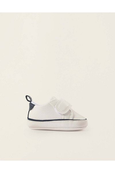 Ziddy Synthetic Leather Trainers for Newborn Boys, White/Dark Blue
