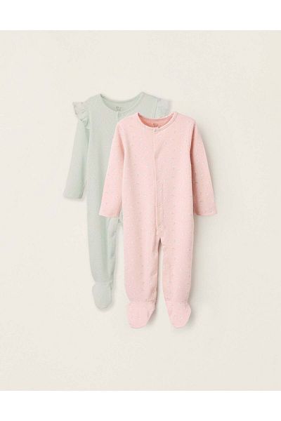 Ziddy Pack 2 Pointelle/Floral Sleepsuits for Baby Girls, Pink/Green