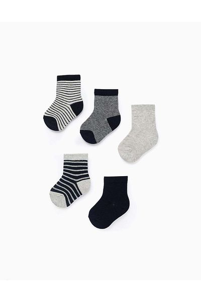 Ziddy Pack of 5 Pairs of Socks for Baby Boys 'Stripes', Dark Blue/Grey