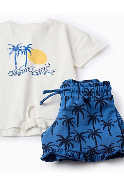 Ziddy Cotton T-shirt + Shorts for Girls 'Palm Trees', White/Blue