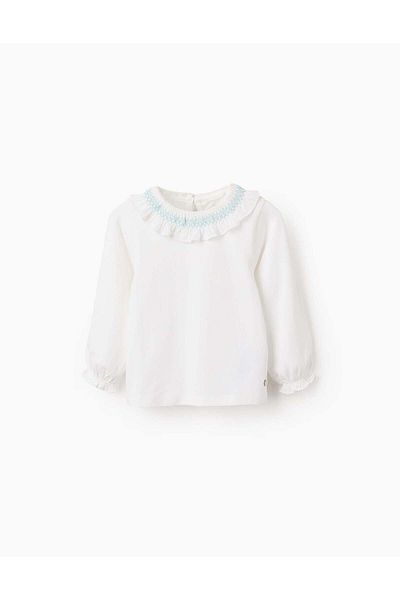 Ziddy Long-Sleeved T-Shirt with Frills and Blue Thread for Baby Girls, White