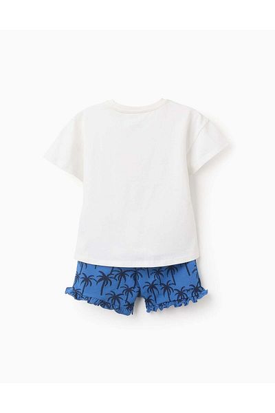 Ziddy Cotton T-shirt + Shorts for Girls 'Palm Trees', White/Blue