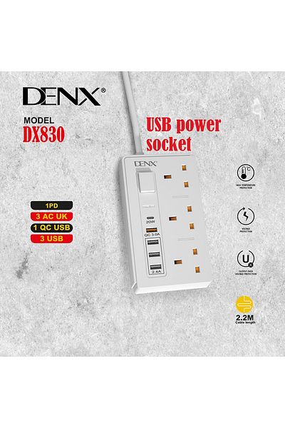Denx DX830 - UK Power Socket (3 UK outlet + 3 USB-A +PD+QC)