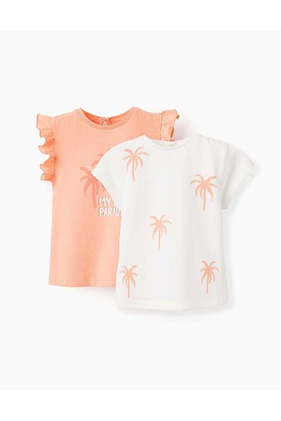 Ziddy Pack of 2 T-shirts with Motifs and Prints for Baby Girls, White/Coral