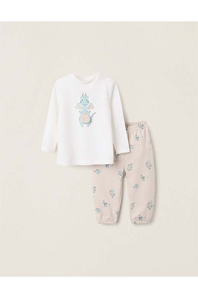 Ziddy Cotton Pyjama for Baby Boys 'Dragon', Beige/White