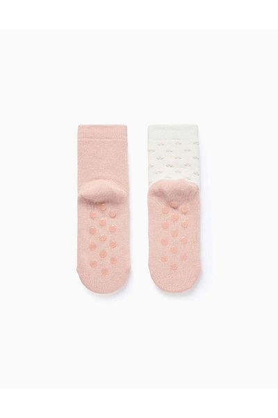 Ziddy Pack of 2 Non-Slip Socks for Girls 'Flowers', Pink/White