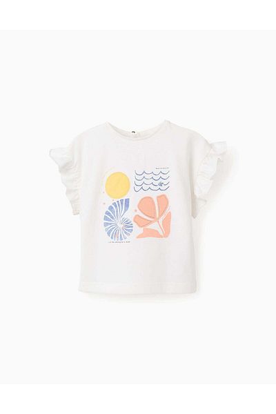 Ziddy Cotton T-shirt with Ruffles for Baby Girls 'Free as the Sea', White