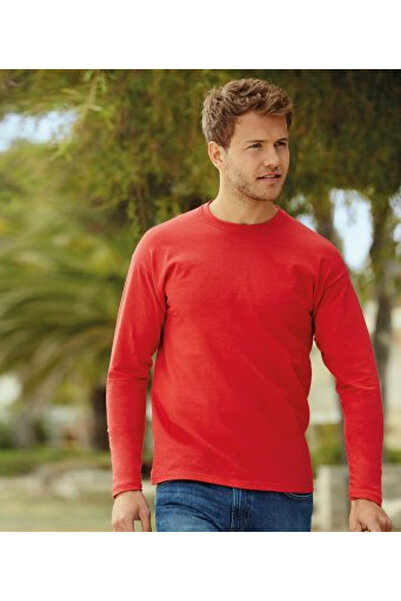 HediyeMania Red Lycra Long Sleeve Crew Neck T-Shirt 95% Cotton 5% Lycra Body ...