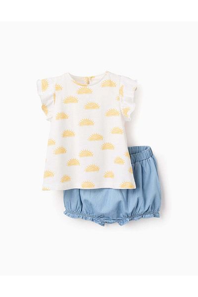 Ziddy T-shirt + Cotton Shorts for Baby Girls 'Sun', White/Blue