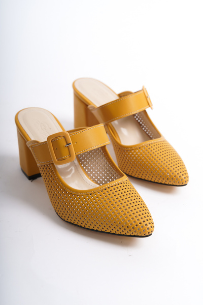 ZAPO Papuci cu toc perforați cu laser muștar pentru femei