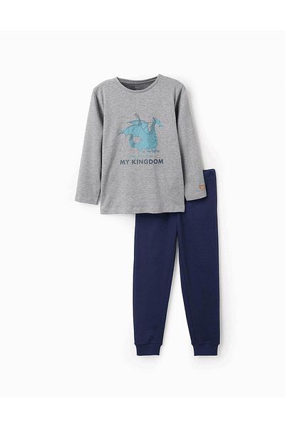 Ziddy Pyjama Long Sleeve Top with Wings + Trousers for Boys 'Dragon', Blue/Grey