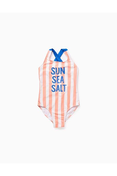 Ziddy Striped Swimsuit for Girls, Orange/White