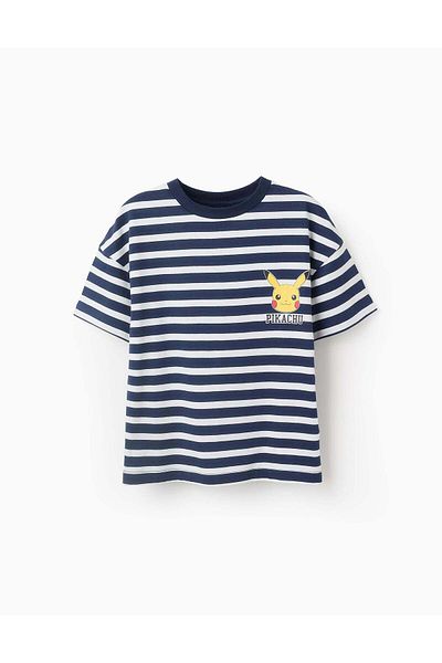 Ziddy Striped T-shirt for Boys 'Pikachu', Dark Blue/White