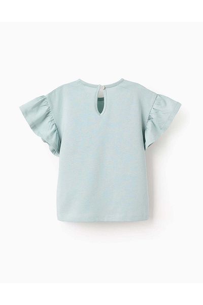 Ziddy T-shirt with Ruffles and Crochet Pocket for Baby Girls, Light Blue