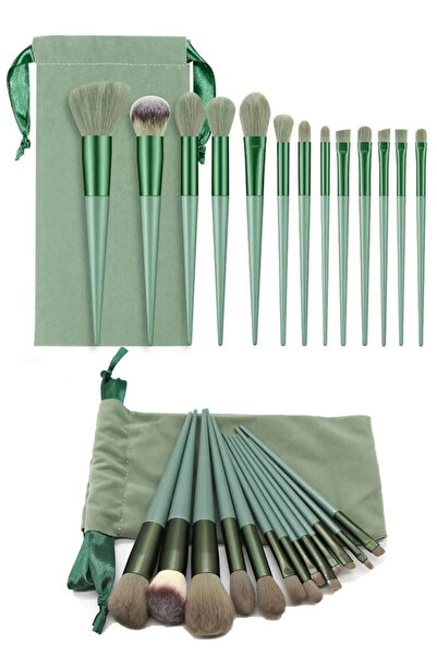 ROWENAROSE 13lü Peluş Çantalı Makyaj Fırça Seti Yeşil