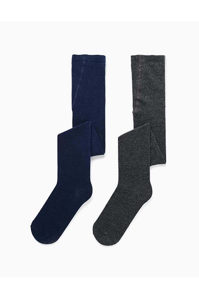 Ziddy Pack of 2 Knitted Tights for Girls, Dark Blue/Grey