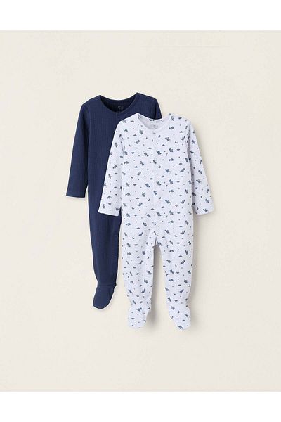 Ziddy Pack 2 Ribbed/Patterned Sleepsuits for Baby Boys, Blue/Grey