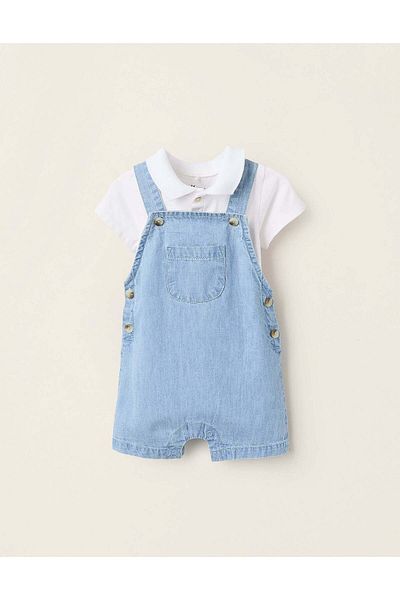 Ziddy Bodysuit + Short Dungarees for Newborns, Blue/White
