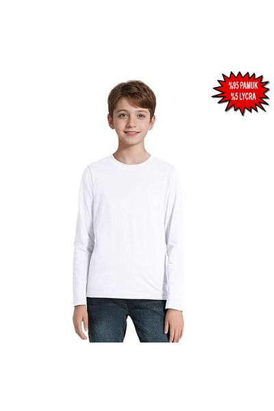 HediyeMania White Lycra Long Sleeve Crew Neck Children's T-Shirt 95% Cotton 5% Lycra Body Type Flexible Body Hugging