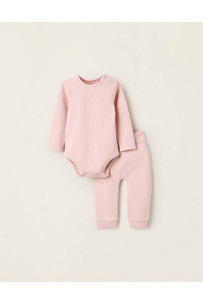Ziddy Ribbed Bodysuit and Trousers Pyjama Set for Baby Girls, Pink