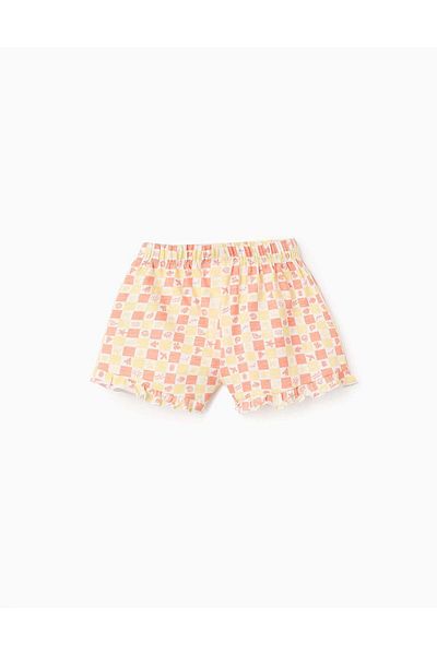 Ziddy Cotton Shorts with Motif and Frills for Girls, Yellow/Orange