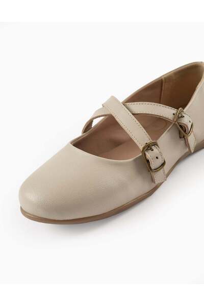 Ziddy Leather Buckled Ballerina Shoes for Girls, Beige