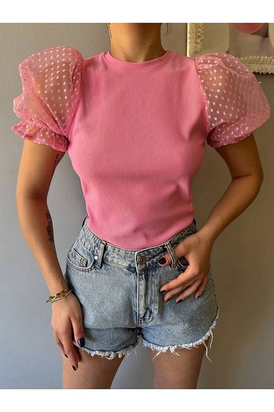 Butik Beyza Γυναικεία κοντό μανίκι καρπούζι Μπλούζα από τούλι λύκρα