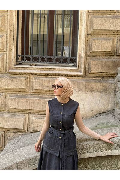 Molly Nelly Women's Slim Black Denim Vest Skirt Suit