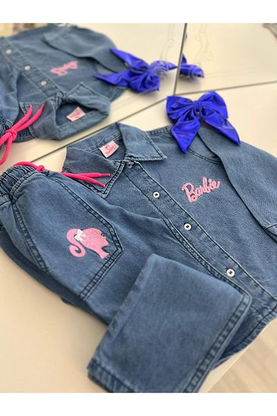 Kids Girl's Embroidered Denim Shirt Pants Set