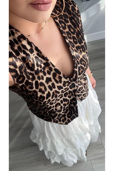 Oslove Premium Leopard Pattern Buttoned Vest