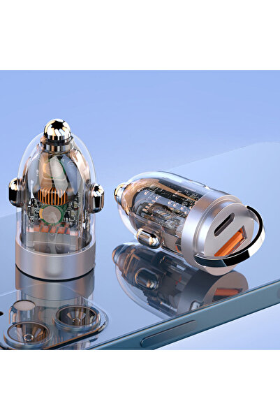 Generic شاحن سيارة مزدوج شفاف غير مرئي فائق السرعة 30واط بمنفذين USB نوع C متوافق مع ايفون وسامسونج وهواوي