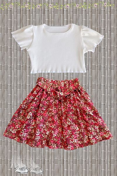 MODA59 Ribbed Ecru Color Modal Cotton Crop and Viscose Floral Skirt Set