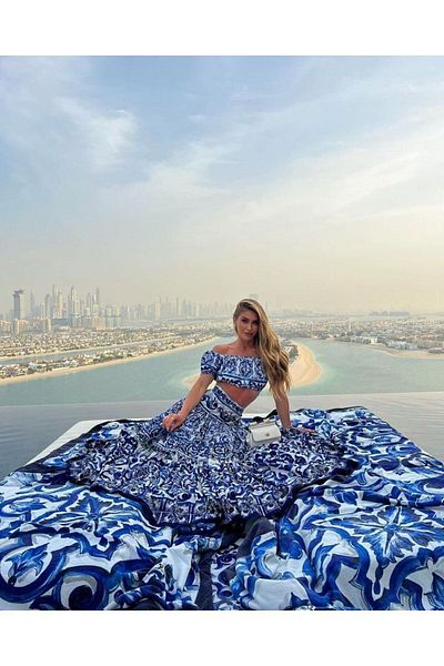 BRGCLOTHING Set de bluză și fustă lungă cu volan pentru femei, albastru-alb-marin, cu guler Madonna