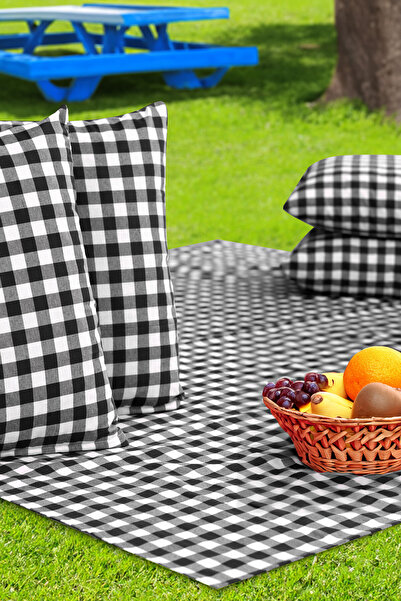 AfgTech Piknik Seti 170x170cm Piti Kareli Piknik Örtüsü, 40x40cm 4 Adet Minder Siyah