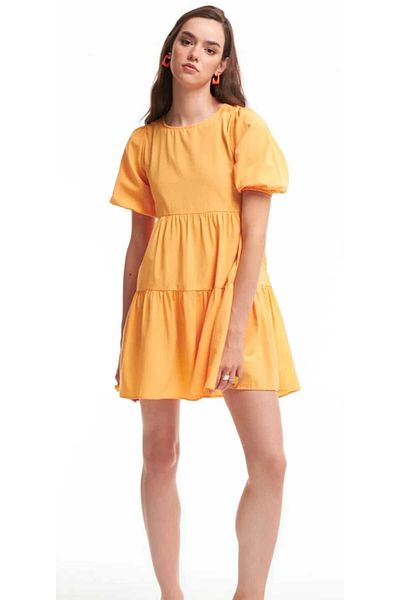 DENİKK Yudoowear, πορτοκαλί χρώμα μπαλόνι μανίκι κοντό φόρεμα